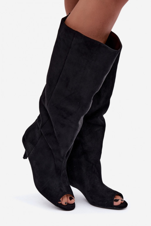 kniehohe Stiefel mit hohem Schaft und offenen Zehen in Schwarz Henya