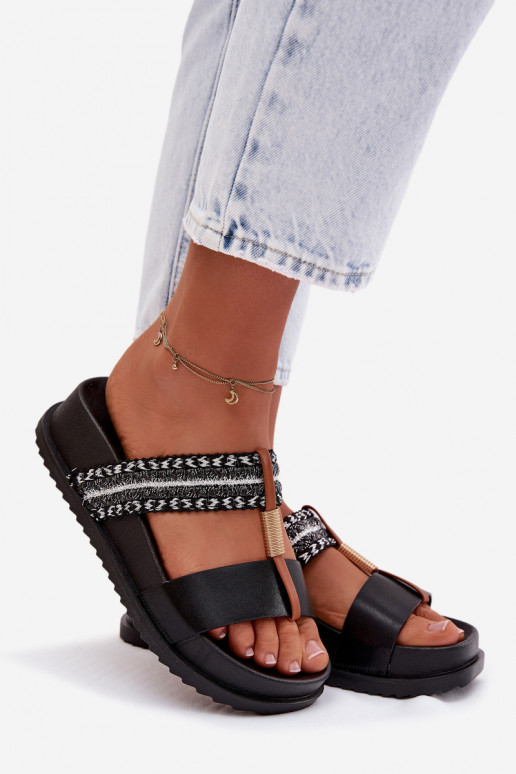 Schwarze Damen-Slipper mit Plattform, Riemen und goldenen Details Tahlia