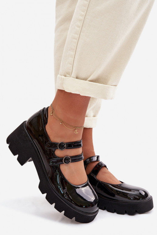 Schwarze Damen-Schuhe mit Lackeffekt, Absätzen und Riemen Kamira