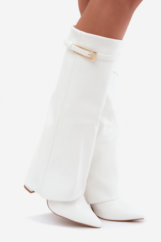 Lange Stiefel mit Absätzen und genähtem Schaft mit Schnallen in weißer Farbe Amrie