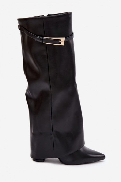 Lange Stiefel mit Absätzen und genähtem Schaft mit Schnallen in schwarzer Farbe Amrie