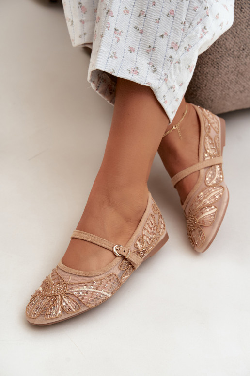 Netz-Ballerinas mit gestickten Blumen und Pailletten in Sandfarbe Caletta