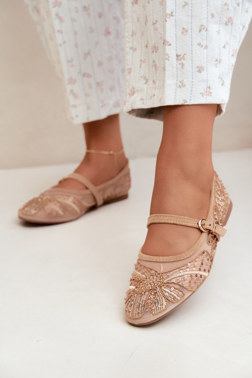 Netz-Ballerinas mit gestickten Blumen und Pailletten in Sandfarbe Caletta