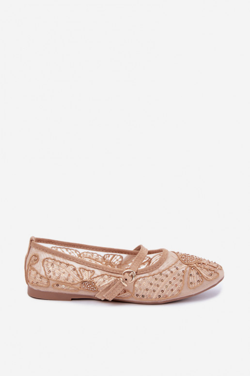 Netz-Ballerinas mit gestickten Blumen und Pailletten in Sandfarbe Caletta