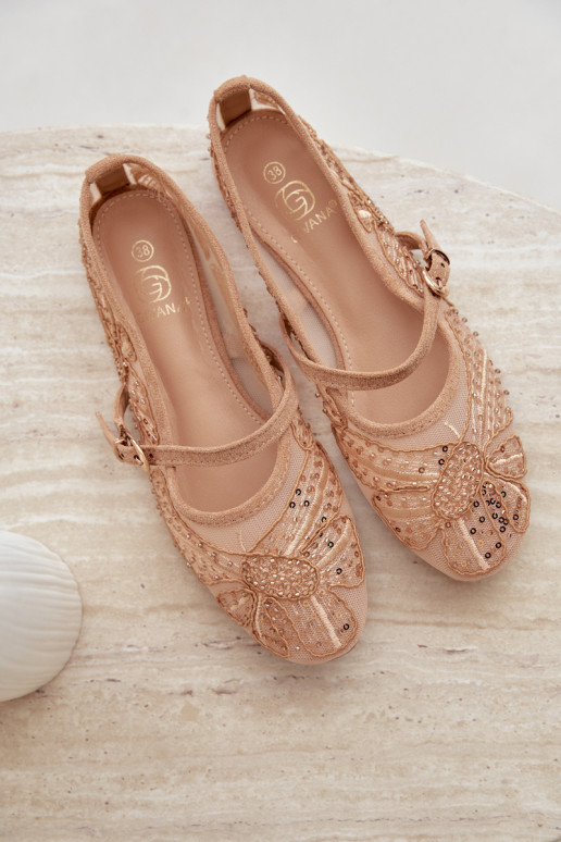 Netz-Ballerinas mit gestickten Blumen und Pailletten in Sandfarbe Caletta