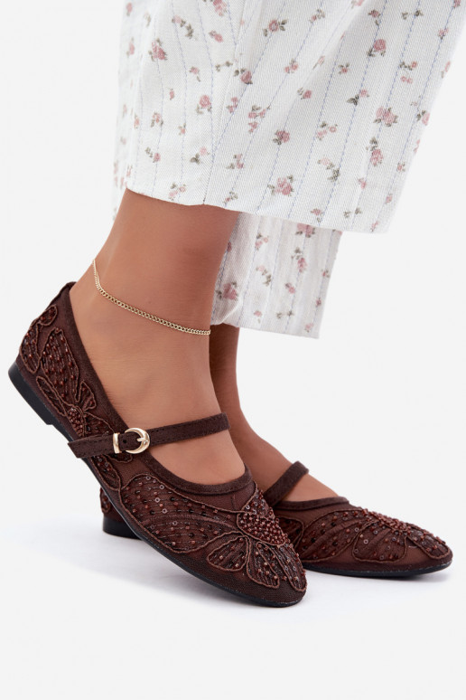 Netz-Ballerinas mit gestickten Blumen und Pailletten in Schokoladenfarbe Caletta