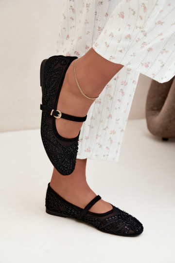 Netz-Ballerinas mit gestickten Blumen und Pailletten in schwarzer Farbe Caletta