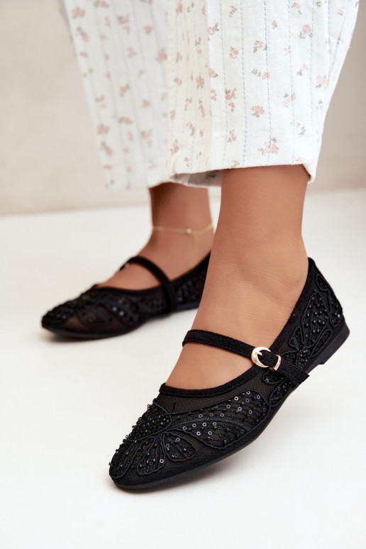 Netz-Ballerinas mit gestickten Blumen und Pailletten in schwarzer Farbe Caletta
