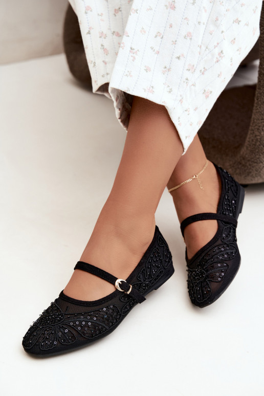 Netz-Ballerinas mit gestickten Blumen und Pailletten in schwarzer Farbe Caletta