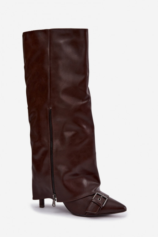 gefütterte kniehohe Stiefel mit dünnen Absätzen und Schnallen in brauner Farbe Kelra