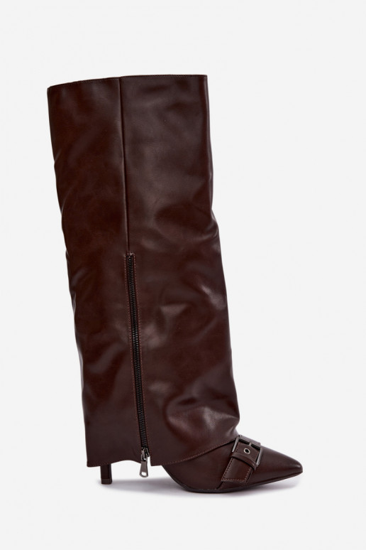 gefütterte kniehohe Stiefel mit dünnen Absätzen und Schnallen in brauner Farbe Kelra