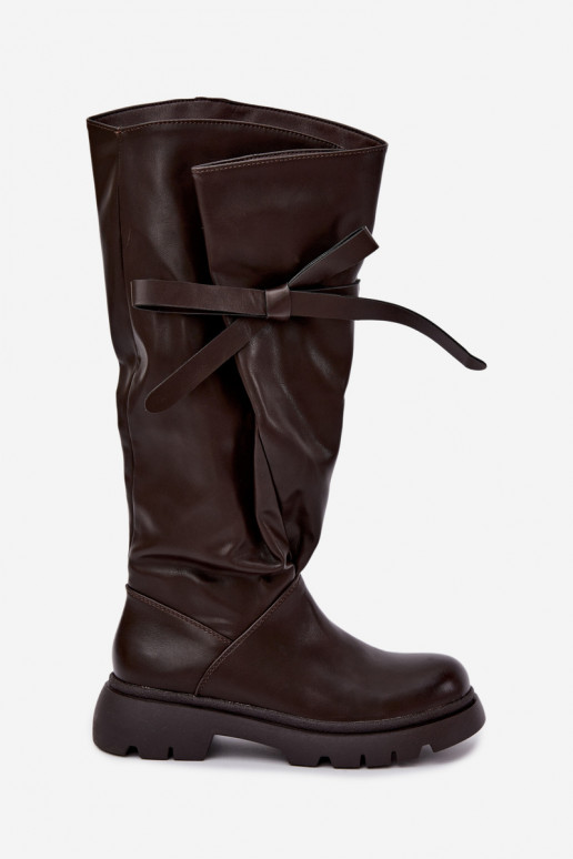 Damen kniehohe Stiefel mit breiten Absätzen und Schleifen in brauner Farbe Amely