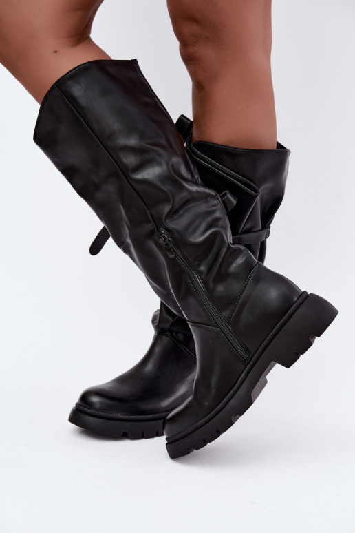 Damen kniehohe Stiefel mit breiten Absätzen und Schleifen in schwarzer Farbe Amely