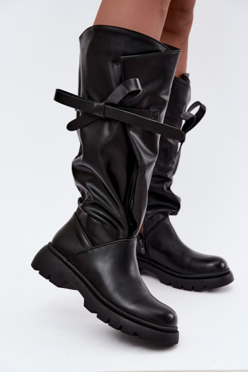 Damen kniehohe Stiefel mit breiten Absätzen und Schleifen in schwarzer Farbe Amely 2