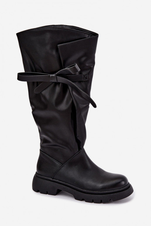 Damen kniehohe Stiefel mit breiten Absätzen und Schleifen in schwarzer Farbe Amely