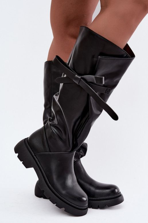 Damen kniehohe Stiefel mit breiten Absätzen und Schleifen in schwarzer Farbe Amely