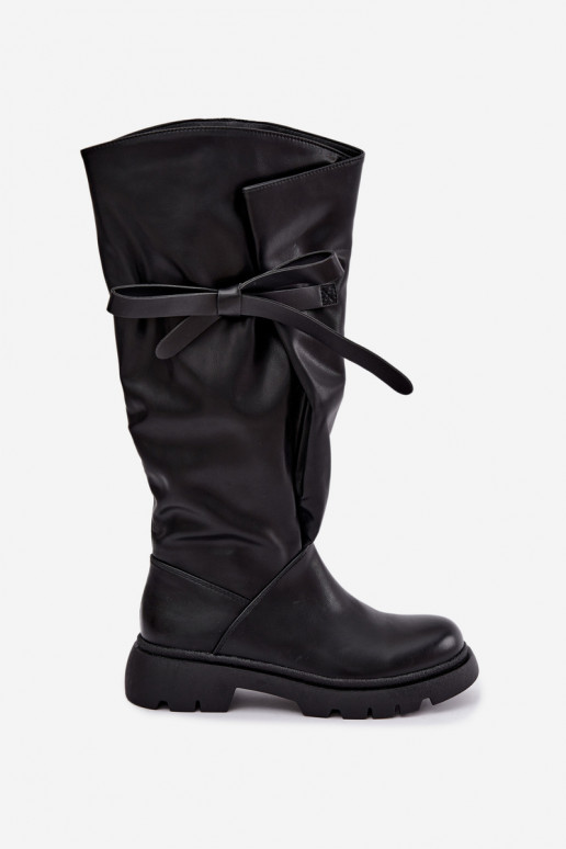 Damen kniehohe Stiefel mit breiten Absätzen und Schleifen in schwarzer Farbe Amely