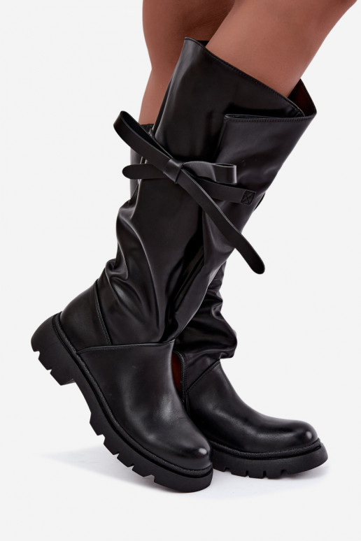 Damen kniehohe Stiefel mit breiten Absätzen und Schleifen in schwarzer Farbe Amely