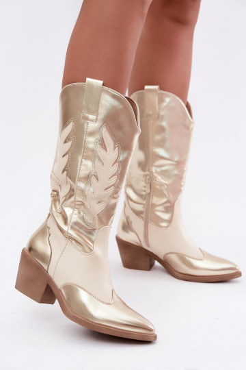 kniehohe Stiefel im Cowboy-Stil mit Absatz in goldener Farbe
