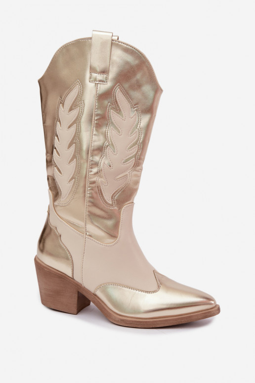 kniehohe Stiefel im Cowboy-Stil mit Absatz in goldener Farbe
