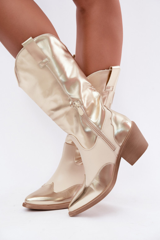 kniehohe Stiefel im Cowboy-Stil mit Absatz in goldener Farbe