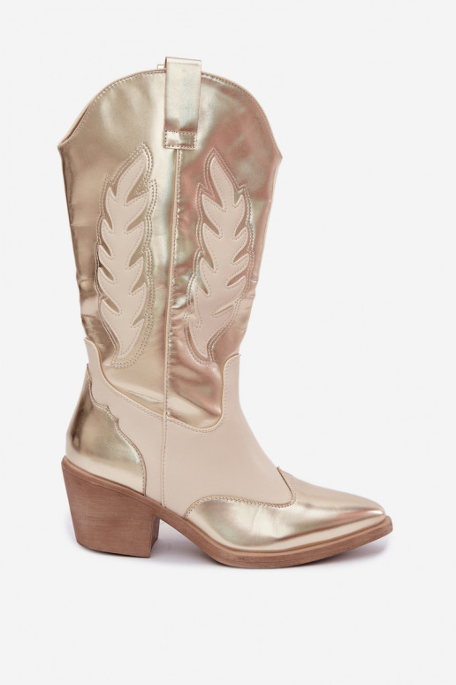 kniehohe Stiefel im Cowboy-Stil mit Absatz in goldener Farbe