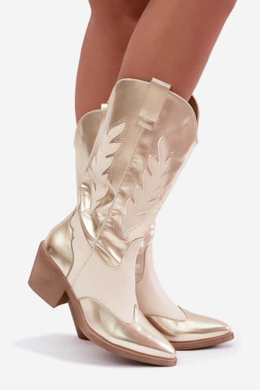 kniehohe Stiefel im Cowboy-Stil mit Absatz in goldener Farbe