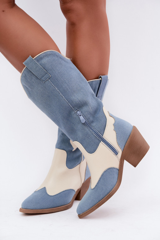 kniehohe Stiefel im Cowboy-Stil mit Absatz aus Denim in brauner Farbe