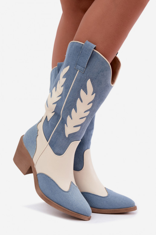 kniehohe Stiefel im Cowboy-Stil mit Absatz aus Denim in brauner Farbe