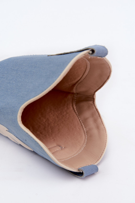 kniehohe Stiefel im Cowboy-Stil mit Absatz aus Denim in brauner Farbe