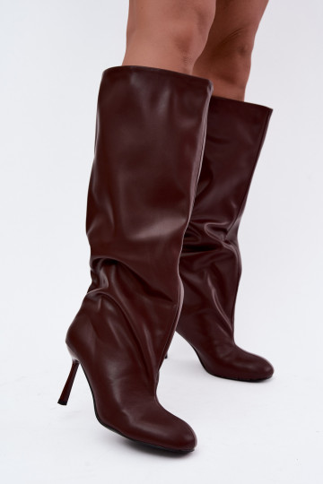Schlüpfschuh Damen kniehohe Stiefel mit schmalen Absätzen in Bordeauxfarbe Caliya