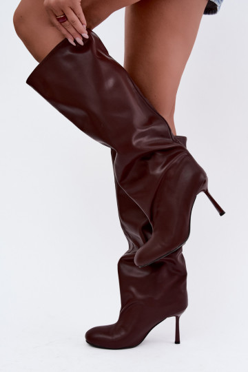 Schlüpfschuh Damen kniehohe Stiefel mit schmalen Absätzen in Bordeauxfarbe Caliya 2