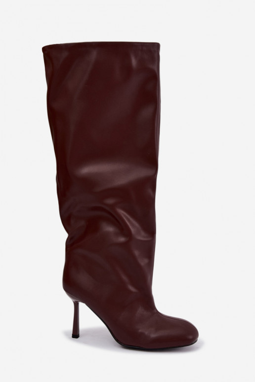 Schlüpfschuh Damen kniehohe Stiefel mit schmalen Absätzen in Bordeauxfarbe Caliya