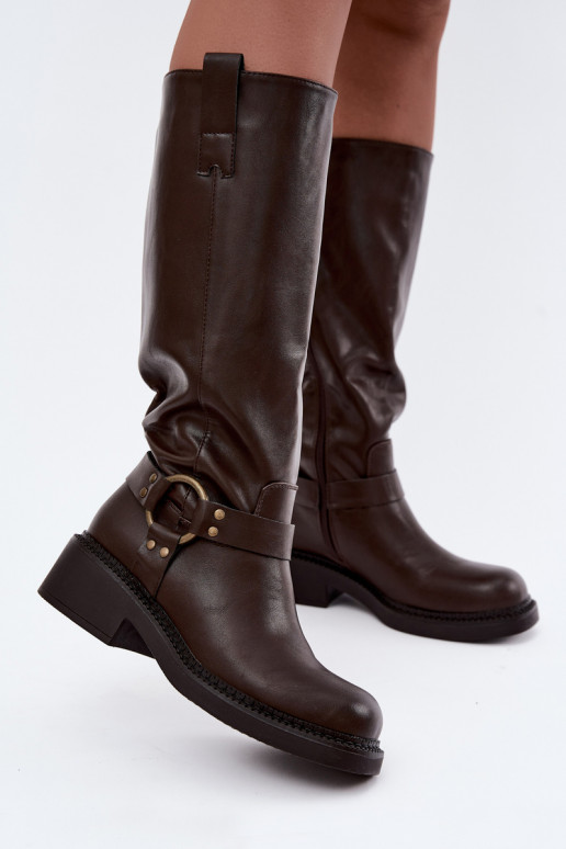 Damen kniehohe Stiefel mit dekorativen Details in Schokoladenfarbe Rileta
