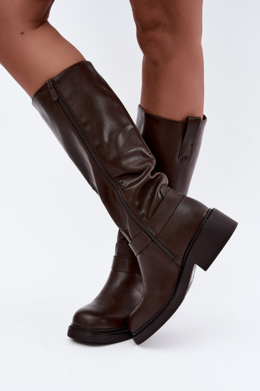 Damen kniehohe Stiefel mit dekorativen Details in Schokoladenfarbe Rileta