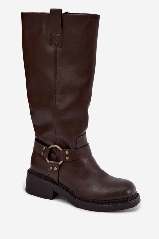 Damen kniehohe Stiefel mit dekorativen Details in Schokoladenfarbe Rileta