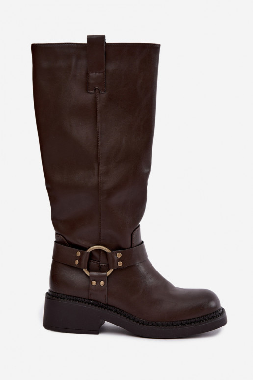 Damen kniehohe Stiefel mit dekorativen Details in Schokoladenfarbe Rileta