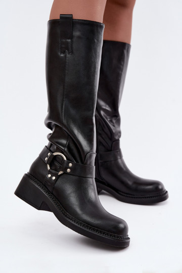 Damen kniehohe Stiefel mit dekorativen Details in schwarzer Farbe Rileta