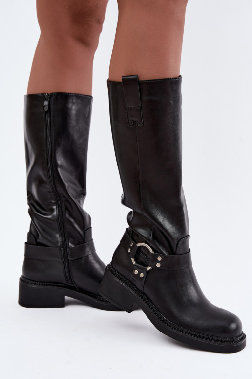 Damen kniehohe Stiefel mit dekorativen Details in schwarzer Farbe Rileta
