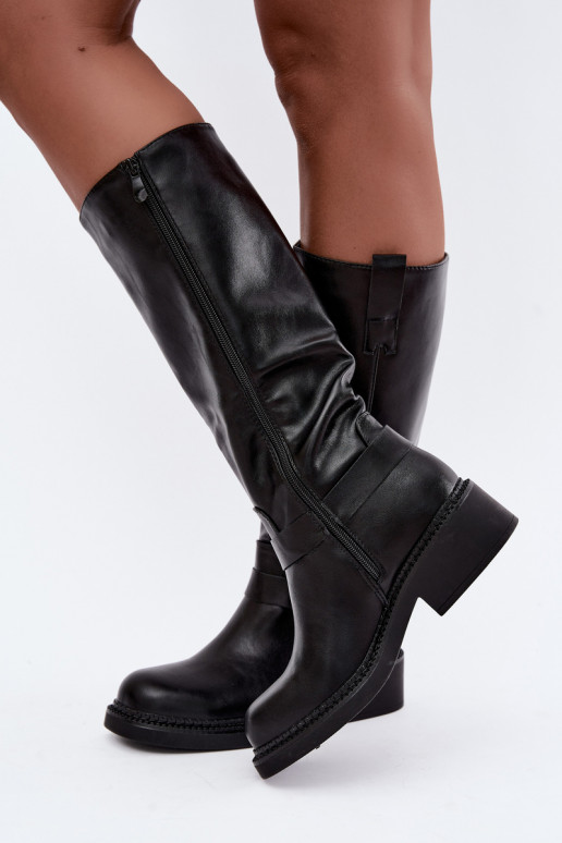 Damen kniehohe Stiefel mit dekorativen Details in schwarzer Farbe Rileta