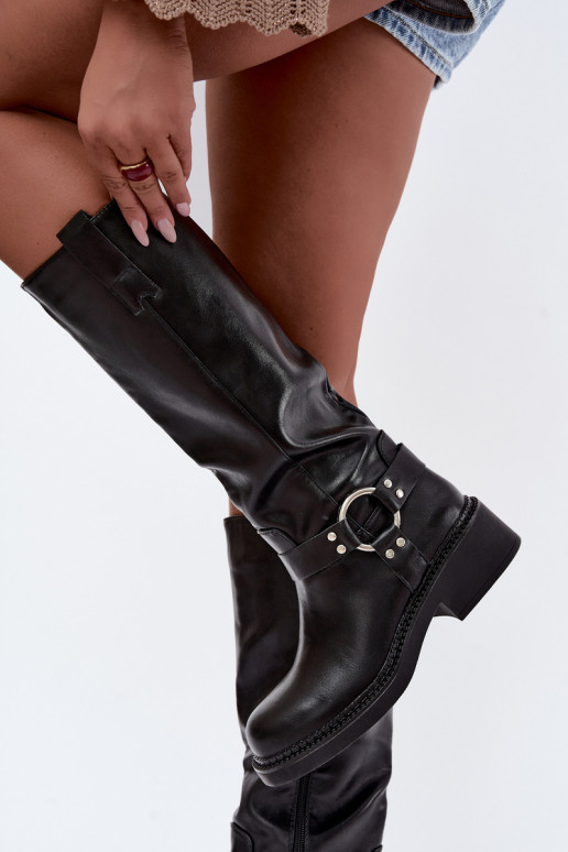 Damen kniehohe Stiefel mit dekorativen Details in schwarzer Farbe Rileta