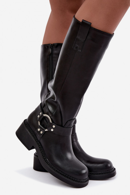 Damen kniehohe Stiefel mit dekorativen Details in schwarzer Farbe Rileta