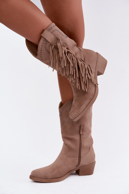 Cowboy-Stil Damen Stiefeletten mit Fransen und Verzierungen in Sandfarbe Perlia