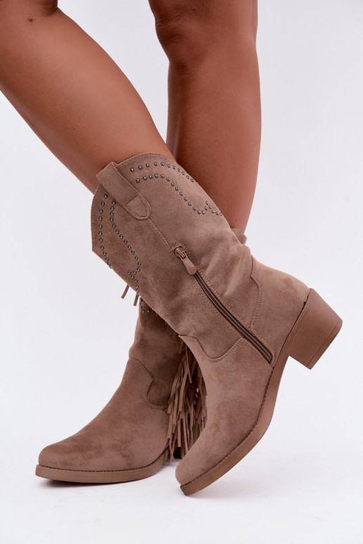 Cowboy-Stil Damen Stiefeletten mit Fransen und Verzierungen in Sandfarbe Perlia