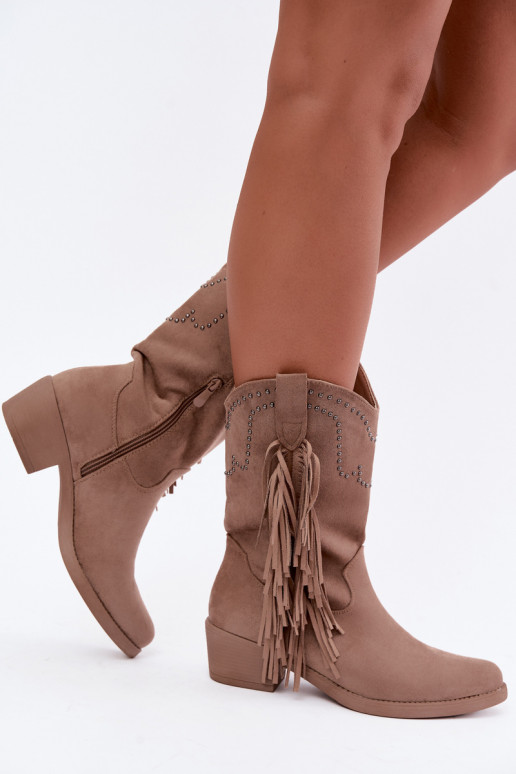 Cowboy-Stil Damen Stiefeletten mit Fransen und Verzierungen in Sandfarbe Perlia