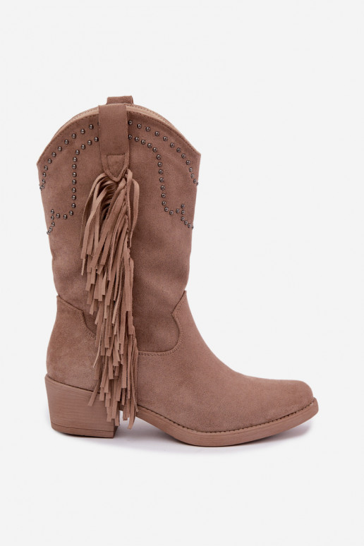 Cowboy-Stil Damen Stiefeletten mit Fransen und Verzierungen in Sandfarbe Perlia
