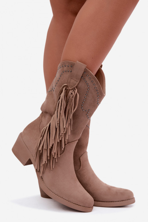 Cowboy-Stil Damen Stiefeletten mit Fransen und Verzierungen in Sandfarbe Perlia