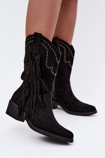 Cowboy-Stil Damen Stiefeletten mit Fransen und Verzierungen in schwarzer Farbe Perlia
