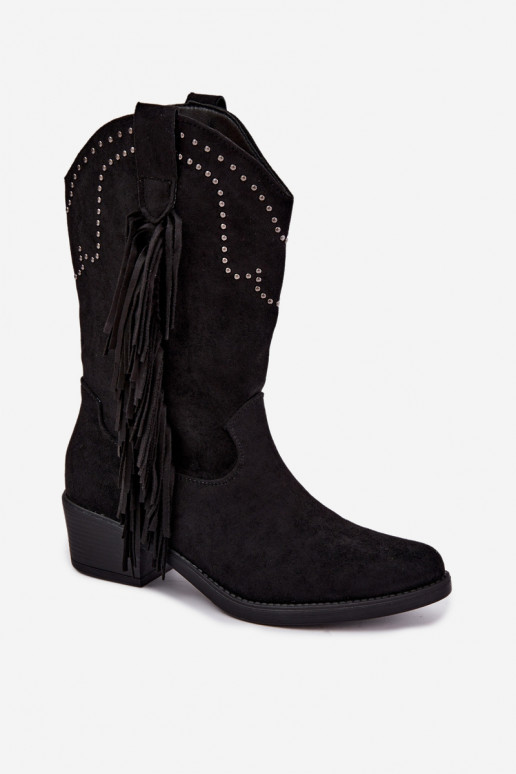 Cowboy-Stil Damen Stiefeletten mit Fransen und Verzierungen in schwarzer Farbe Perlia