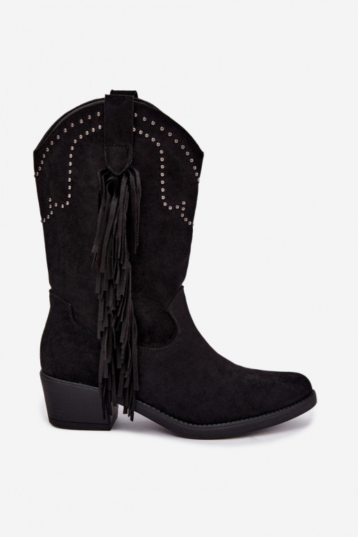 Cowboy-Stil Damen Stiefeletten mit Fransen und Verzierungen in schwarzer Farbe Perlia